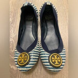 Tory Burch Ballet Flat Blue stripe metal logo Size 6M